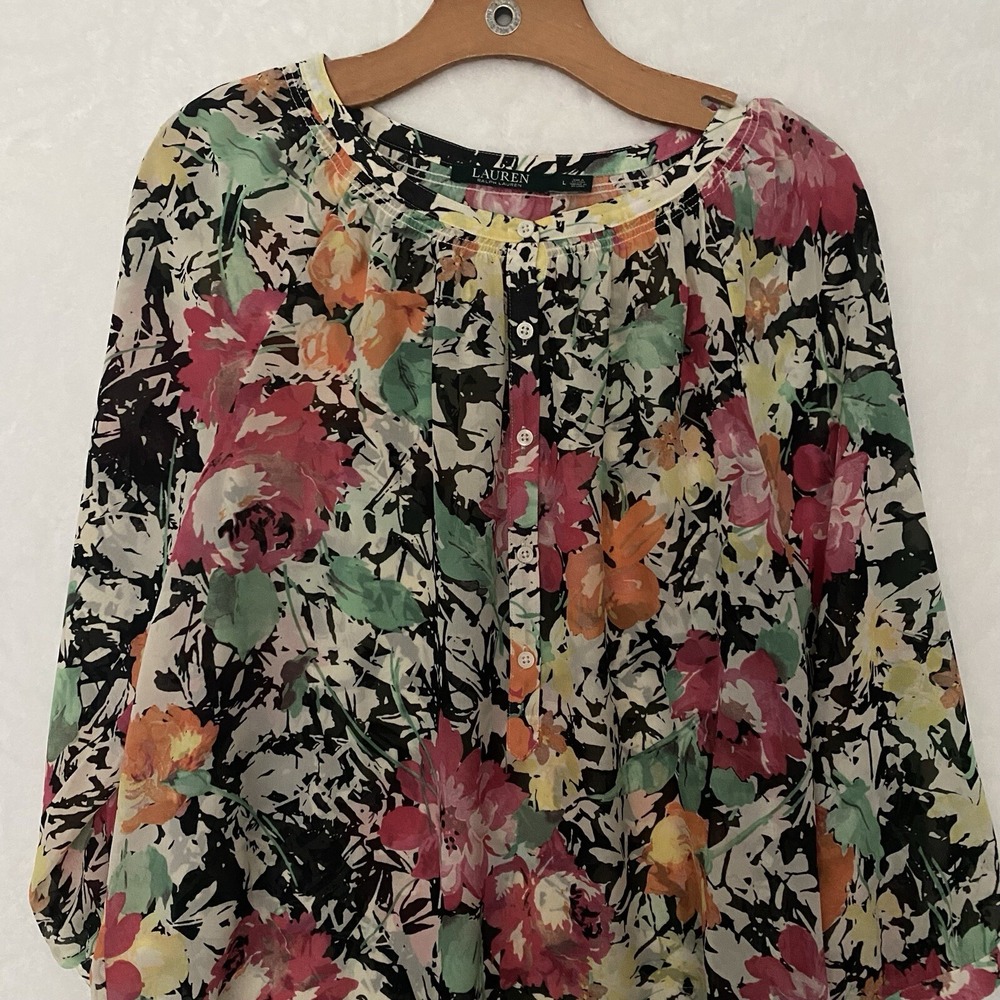LRL Ralph Lauren Floral Chiffon Button 3/4 Sleeve Semi Sheer Blouse Large Top